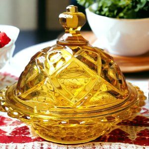 Honey Amber Butter Dish New Martinsburg Viking Glass Thumb Diamond Print